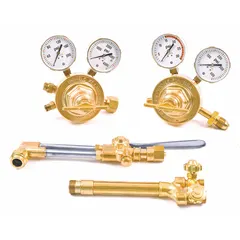 This torch and regulator outfit is configured for acetylene service, featuring a fuel regulator with a CGA 510 connection. It is used for oxy-acetylene welding, cutting, and brazing in maintenance, repair, and fabrication tasks.