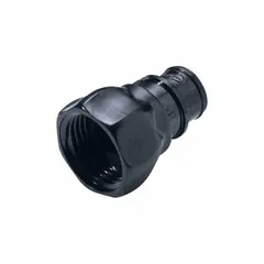 This polysulfone quick-disconnect coupling connects a 3/4 in tube to a garden hose thread (GHT) for fluid transfer applications requiring frequent disconnection. The straight coupler design provides a leak-free connection in water treatment, chemical processing, and food & beverage systems.