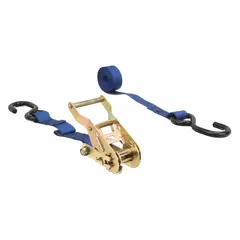 This 6 ft ratchet-style tie down strap is constructed from blue polyester webbing with steel S-hook ends. It is designed for securing motorcycles during transport on trailers, truck beds, or flatbeds. The ratchet mechanism allows controlled tensioning for a secure hold.