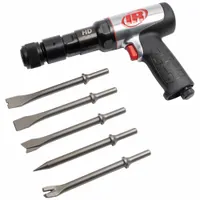 This air hammer kit delivers 2,600 blows per minute with a 3-inch stroke length. It features a round body and is suitable for cutting, chiseling, and scraping metal in maintenance and light production tasks