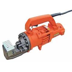 This portable corded rebar cutting shear operates on 115V AC and delivers 15 tons of cutting force. It cuts rebar up to #6 size and weighs 25.4 lb. Typical applications include cutting reinforcing steel bars for concrete construction and steel bar preparation tasks.