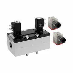 AVENTICS Solenoid Air Control Valve: Series 581, Double Solenoid, Five-Way / Two-Position, Female (MPN 5814221120). Key specifications — attr1077643: Hardwired; attr1093108: Solenoid Coil Included; attr1077629: AVENTICS; attr1077665: Internal Pilot; attr1077689: Spring Return; attr1077692: 581; attr1077625: 5814221120; attr1077666: Normally Open/Normally Closed.
