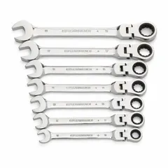 Set of 7 metric 12-point ratcheting combination wrenches with flex heads for angled access. Made of alloy steel with a full polish chrome finish for corrosion resistance. Used for tightening and loosening metric fasteners in automotive repair, industrial maintenance, and mechanical assembly.