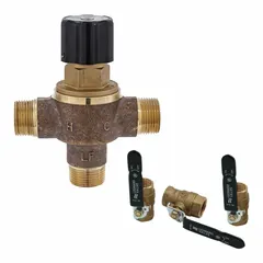 This point-of-use mixing valve features 3/4 in NPT inlet and outlet connections and is constructed of brass. It is used for flow regulation and shut-off in plumbing systems, including HVAC and process piping applications.