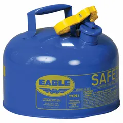Type I safety can for handling and storing kerosene. Constructed from powder coated steel in blue with a 2 1/2 gallon capacity. Single opening for filling and pouring. Suitable for use in industrial environments where flammable liquids are dispensed.