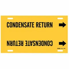 Yellow pipe marker with black legend reading 'Condensate Return' and directional arrows. Strap-on style for pipes with outer diameter 8 to 9-7/8 inches. Used to identify condensate return lines in industrial piping systems.