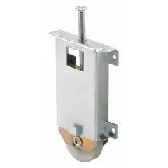 This hanging door roller from PRIME-LINE measures 3 13/16 inches in width and supports doors weighing up to 40 lb. It is used in sliding door systems such as barn doors or bypass closet doors.