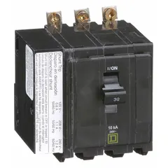 Three-phase bolt-on miniature circuit breaker rated 30 A at 120/240V AC with a maximum interrupting rating of 10kA. Provides overcurrent protection for branch circuits in commercial and industrial electrical distribution systems. Designed for use in Square D NQOD panelboards.