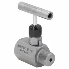 Manual two-way snubber valve with tee handle, steel construction. 1/2 in NPT connections, maximum pressure 10,000 psi. Used in hydraulic systems to dampen pressure surges and protect gauges from shock damage.