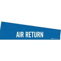 Self-adhesive pipe marker for identifying air return lines in industrial piping systems. Blue background with white legend text. Fits pipe outer diameters from 2-1/2 to 7-7/8 inches. Pack of 5 markers without arrows.