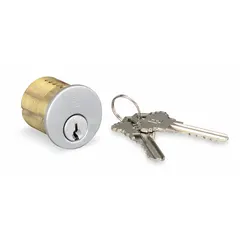 Chrome-finished mortise cylinder for use in commercial door locks. Includes two keys, supplied keyed alike or keyed different. Suitable for access control applications requiring a standard mortise lock assembly.
