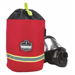This red nylon storage bag is designed for organizing and protecting respirator equipment. With an 8 1/2-inch length, it provides a convenient carrying solution for masks in industrial settings such as manufacturing plants, construction sites, and maintenance facilities.