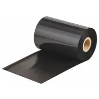 Black wax/resin ribbon for thermal transfer printing on THT 1" core printers. Chemical-resistant and RoHS compliant. Used for industrial labeling, barcodes, and identification in environments requiring durable prints