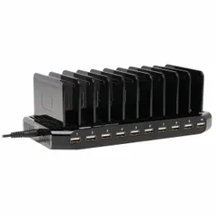 This USB 2.0 hub expands a single USB port into 10 ports, enabling connection of multiple peripherals such as keyboards, mice, flash drives, and printers. It includes an external power supply with a C6 inlet and features a black finish. Suitable for office, IT, and industrial settings requiring additional USB connectivity.
