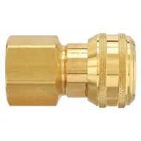 Brass quick-connect coupling body for compressed air systems. Female hose fitting size 1 in with 1"-11-1/2 thread. Push-to-connect locking type enables one-hand connection. Used to connect pneumatic tools and hoses in industrial air lines
