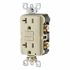 This LEVITON decorator duplex receptacle is rated 20A at 125V AC with a NEMA 5-20 configuration, 2-pole/3-wire grounding. The light almond finish suits standard wall plates. Typical applications include general-purpose outlets in commercial and residential settings for powering 20A equipment.