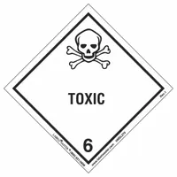 This 4 in x 4 in hazard label is designed for marking containers that hold toxic, poison inhalation, or infectious substances. Made of PVC-Free Film, it displays the word 'Toxic' for clear identification. Suitable for use in shipping and handling of hazardous materials