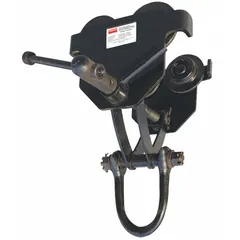 This push trolley suspends and manually moves a hoist along a flat beam. It supports hoist loads up to 4,000 lb and fits beam flanges from 3 5/8 in to 8 in wide. The cast iron frame provides structural support for industrial lifting and material handling applications.