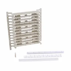 110-type wiring block for terminating and cross-connecting voice and data cables in structured cabling systems. Supports Category 5e performance. Features attached legs for mounting on backboards or racks. Includes 72 clips with 4/5 pair type.