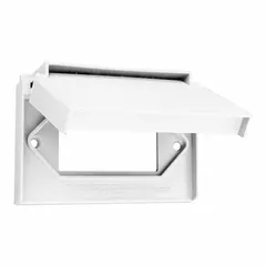 This single-gang weather-resistant switch cover is made of white nylon, providing a durable enclosure for switches in outdoor or damp locations. It is suitable for use on patios, garages, and exterior walls where protection from moisture and impact is required.
