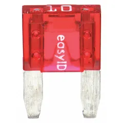Fast-acting blade fuse rated 10 A at 32 V DC. Standard profile fits common fuse holders. Indicating feature provides visual blown-fuse detection. Suitable for overcurrent protection in automotive electrical systems.