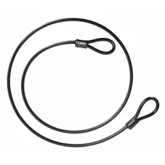 This ABUS security cable is a straight, non-coiled cable measuring 6 1/2 ft in length with a 5/16 in diameter. It features a black vinyl coating for weather and abrasion resistance and is rated for outdoor use. Commonly used to secure gates, tools, or equipment by looping and locking with a padlock.