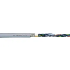 This CHAINFLEX CF78-UL control cable is designed for continuous flexing applications in cable carriers and automated machinery. It features 4 conductors plus a ground conductor, copper conductors with black/white numbering, and a notch-resistant PUR jacket. Rated 1000 V, with minimum bend radius factors of 4 x OD fixed, 5 x OD flexible, and 6.8 x OD for e-chain use. CE certified.