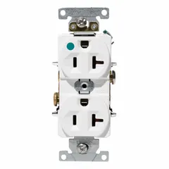 Duplex receptacle with 5-20R configuration rated 125V AC and 20A. White finish. Suitable for general purpose use in commercial and institutional settings where standard 20A, 125V outlets are required.