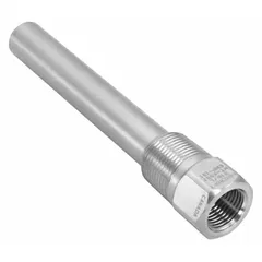 Straight-shank threaded thermowell for protecting temperature sensors in high-pressure and high-temperature industrial processes. Stainless steel construction. For use with 4 in stem length and 1 5/8 in insertion length. Rated for 7,000 psi at 100°F and 700°F at 3,700 psi.