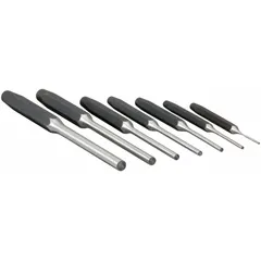 This 7-piece steel punch set is designed for driving out roll pins in industrial maintenance and assembly applications. Tip diameters include 1/16, 5/32, 3/32, 1/8, 3/16, 1/4, and 5/16 inch. Overall length is 5-7/16 inches.