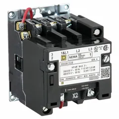 This SQUARE D NEMA magnetic contactor is a non-reversing, 3-pole device rated for 27 A continuous current with a 120V AC coil. It is NEMA Size 1 and suitable for switching motor loads and other inductive loads in industrial control panels, HVAC systems, and conveyor lines.