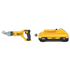 This cordless cement board shear operates on a 20V DC battery system with a 4.0 Ah capacity. It has a 1/2 in cutting capacity and a stroke rate of 2,500 strokes per minute, with lock-off and lock-on controls. The package includes one bare tool and one battery. Typical applications include cutting fiber cement siding and cement board in construction and remodeling.