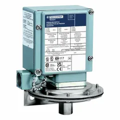 Pressure switch from the 9012G Series with a single 1/4-18" FNPT pressure connection. Designed for machine tool applications requiring resistance to liquids and corrosion, it monitors and controls pressure within a 0.2 psi to 10 psi range. Suitable for use in coolant, lubrication, and hydraulic systems where exposure to cutting fluids or corrosive media is common.