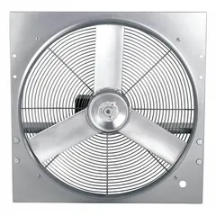Standard direct-drive panel exhaust fan with a 20-inch blade, 3/4 hp motor, and 4558 cfm airflow. Operates on 115/230V AC single-phase power with a single speed. Features a totally enclosed air-over motor with Class B insulation, galvanized steel frame, and intake guards. Suitable for general ventilation in industrial and commercial facilities to remove heat, fumes, or odors.