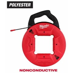 Non-conductive fish tape with 100 ft spiral polyester tape for routing wires through walls, conduits, and ceilings. Manual wind retraction with internal rotating winder slide. Case diameter 13 in.