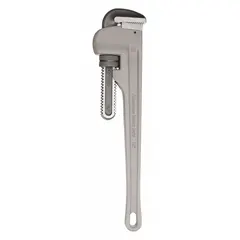 Aluminum straight pipe wrench with serrated jaws and I-Beam handle. 18 in overall length, 2 1/2 in jaw capacity. Used for gripping and turning pipes in plumbing and maintenance tasks.