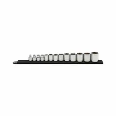 This 13-piece socket set includes 6-point SAE sockets ranging from 1/4 in to 1 in with a 3/8 in drive. The sockets feature a friction ball retainer for secure attachment. Suitable for general fastening and loosening of bolts and nuts in automotive repair, equipment maintenance, and industrial assembly.