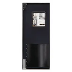 Single-leaf insulated swinging door made of black textured polyethylene, 3 ft wide by 8 ft high. Includes a polycarbonate window, door seals, bumpers, and mounting hardware. Meets USDA standards for use in temperature-controlled environments such as food processing and cold storage facilities.