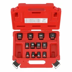 This 12-piece SAE impact socket set includes sizes from 5/16 in to 1 in with a 3/8 in drive. Designed for use with impact wrenches in automotive, construction, and industrial fastening tasks. Features a friction retention mechanism for secure socket attachment.