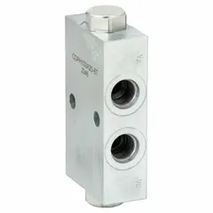 Steel inline, two-position, normally closed, two-way cartridge check valve assembly with polyurethane seal. Used in hydraulic systems to permit flow in one direction and block reverse flow, suitable for industrial machinery and mobile equipment.