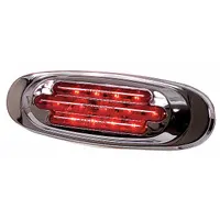 LED clearance light with red lens, round surface mount design, and pigtail electrical connection. Features hole mount type, SAE PC lens code, and IP67 rating for dust and water ingress protection. Used on trailers, trucks, and heavy equipment to indicate vehicle width and height