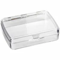 This clear plastic single-compartment box is used for organizing small parts such as hardware, craft supplies, or electronic components. The transparent body allows quick visual identification of contents. It is not electrostatic discharge conductive and is not intended for static-sensitive environments