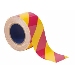 This general purpose floor marking tape features a striped pink/yellow pattern for high-visibility warning without a message legend. The 8 mil thick polyester backing provides durability for indoor use. Commonly used to mark aisles, hazards, and work zones in industrial facilities, warehouses, and factories to improve safety and organize traffic flow.
