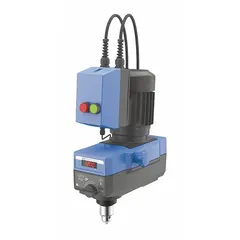 This overhead stirrer delivers a maximum torque of 3,000 N-cm and handles viscosities up to 100,000 cps with a volume capacity of 200 L. It features a digital display and variable mixing speed, operating at 230V. Suitable for stirring thick fluids, suspensions, and emulsions in laboratory and production settings.