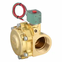 2-way/2-position normally closed solenoid valve with 2 in pipe size and 120V AC (110V AC) voltage. Features a watertight coil enclosure and NBR seal. Used for on/off control of water, air, and light oil in industrial fluid systems.