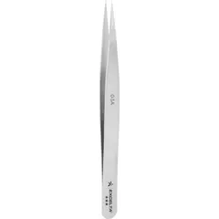 These high-precision tweezers are made of stainless steel with a smooth finish. They feature a point straight tip with 0.004 in tip thickness and are classified as standard type. Suitable for precision handling tasks in electronics assembly, laboratory work, and fine mechanical applications.