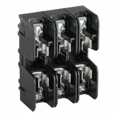 3-pole open block design fuse block for UL Class CC fuses. Rated 600 V AC with pressure plate terminals for secure wire connections. Non-indicating type. Suitable for mounting and connecting fuses in industrial control panels and branch circuit protection applications.