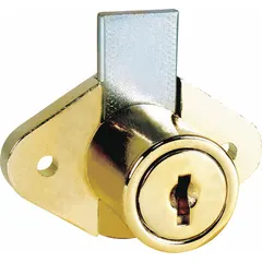 Vertical, round deadbolt lock for cabinets and drawers. Brass construction with gold finish. Body height 1 27/64 in, width 2 1/8 in. Keyed different. Suitable for securing storage units, workbenches, and equipment enclosures in industrial, commercial, and institutional settings.