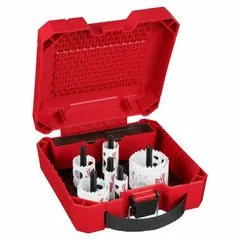 This 12-piece hole saw kit features bi-metal construction with 3.5 teeth per inch. Saw sizes range from 3/4 in to 2 5/8 in. Suitable for cutting holes in wood, metal, and plastic for electrical, plumbing, and HVAC installations.