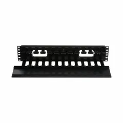 2U horizontal single-sided cable manager for routing and managing horizontal cables in network racks. Made of black plastic with an overall depth of 3 3/4 inches. Includes bend radius clips to protect cables from sharp bends. Suitable for use in data centers and telecom rooms.
